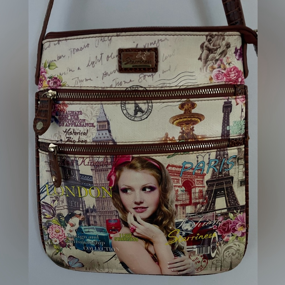 Starriness, London purse with script and girl, 3 zipper pockets, long strap - Picture 4 of 10